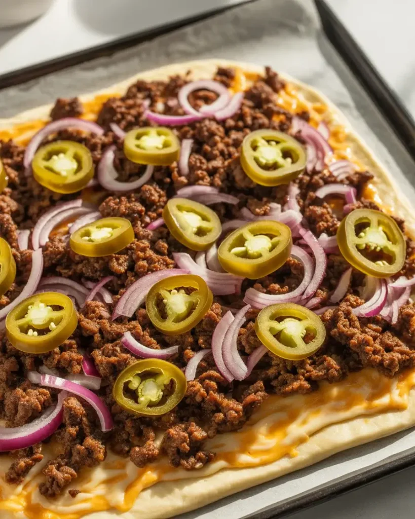 Seasoned beef, red onion, and jalapenos scattered evenly over the cheese layer