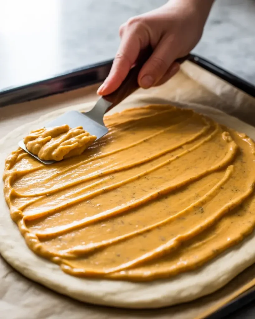 Spreading taco-seasoned garlic butter evenly across the dough base
