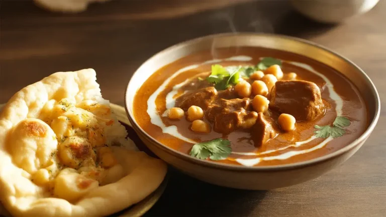 Creamy Coconut Beef and Chickpea Curry Paired with Buttery Garlic Naan