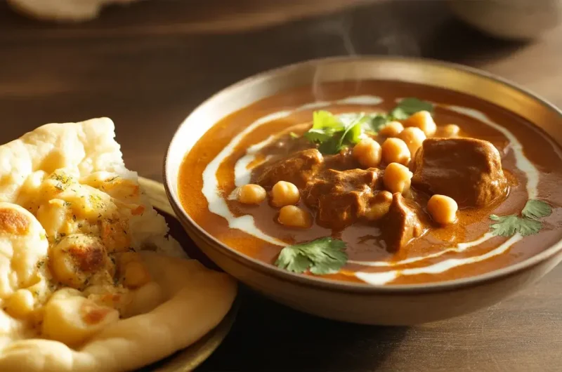 Creamy Coconut Beef and Chickpea Curry Paired with Buttery Garlic Naan