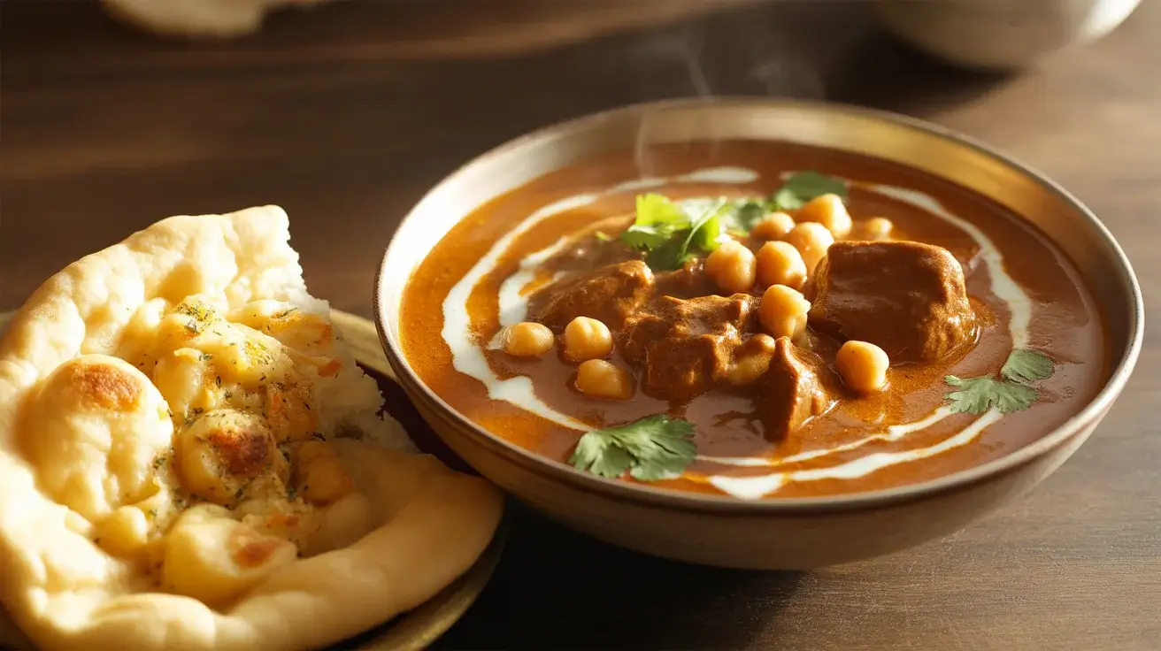 Creamy Coconut Beef and Chickpea Curry Paired with Buttery Garlic Naan