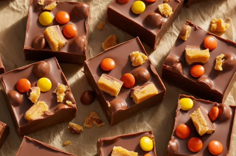 Decadent Chocolate Fudge with Butterfinger and Reese's Pieces