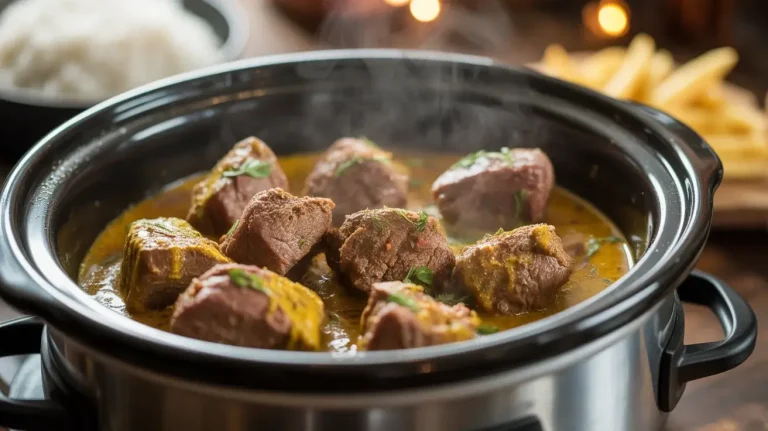 Rustic Slow Cooked Beef Creamy Coconut Curry with Rice and Crispy Fries