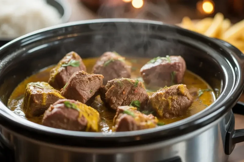 Rustic Slow Cooked Beef Creamy Coconut Curry with Rice and Crispy Fries