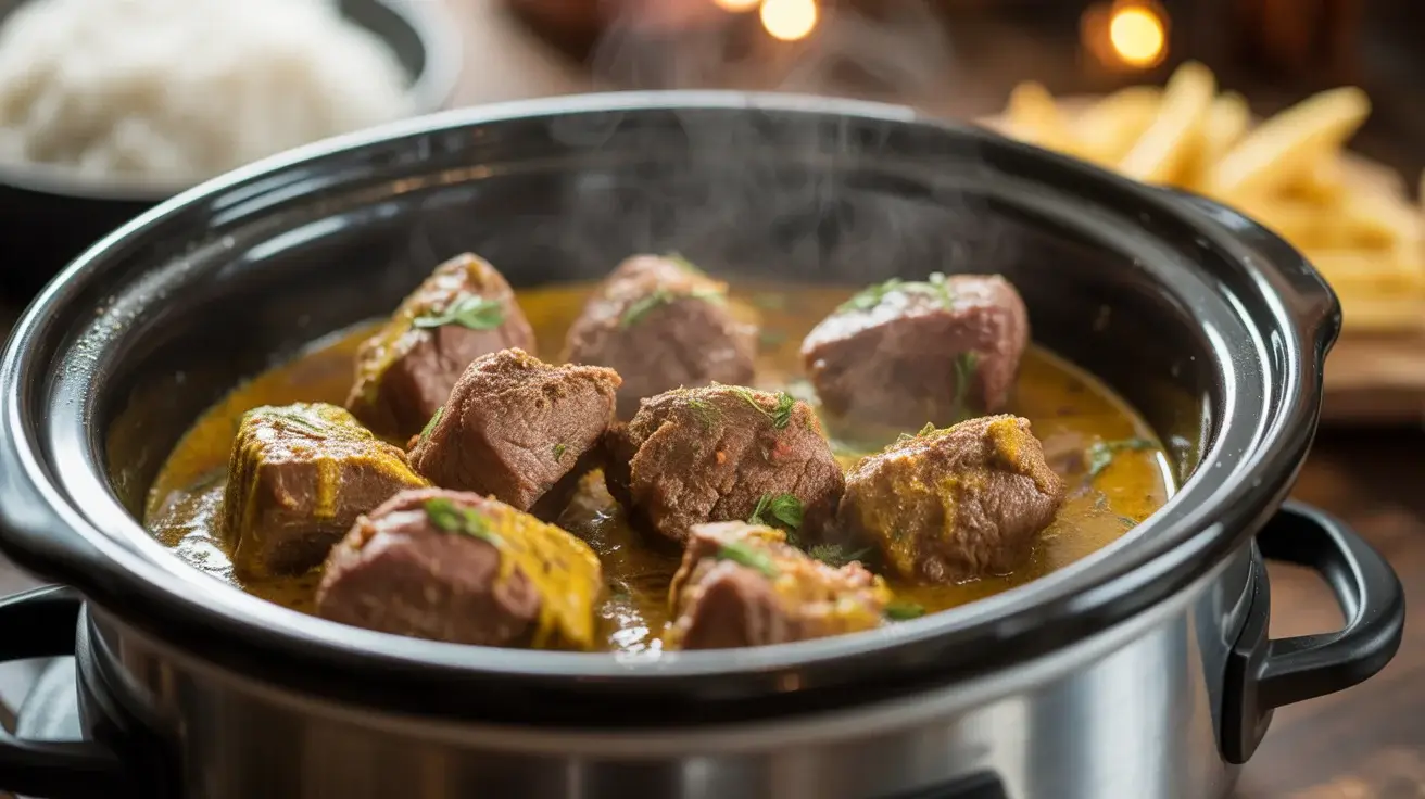Rustic Slow Cooked Beef Creamy Coconut Curry with Rice and Crispy Fries