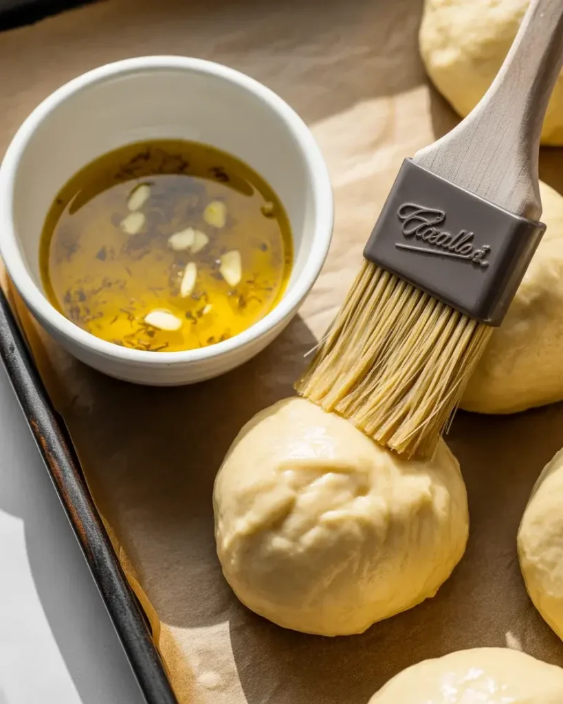 Brushing garlic butter generously over each dough bomb before baking