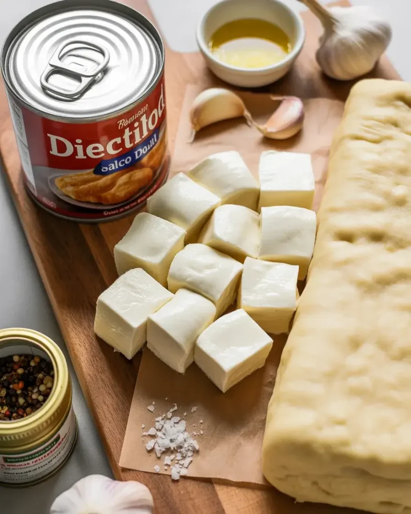 Cold biscuit dough and dry mozzarella cubes prepped and ready to assemble