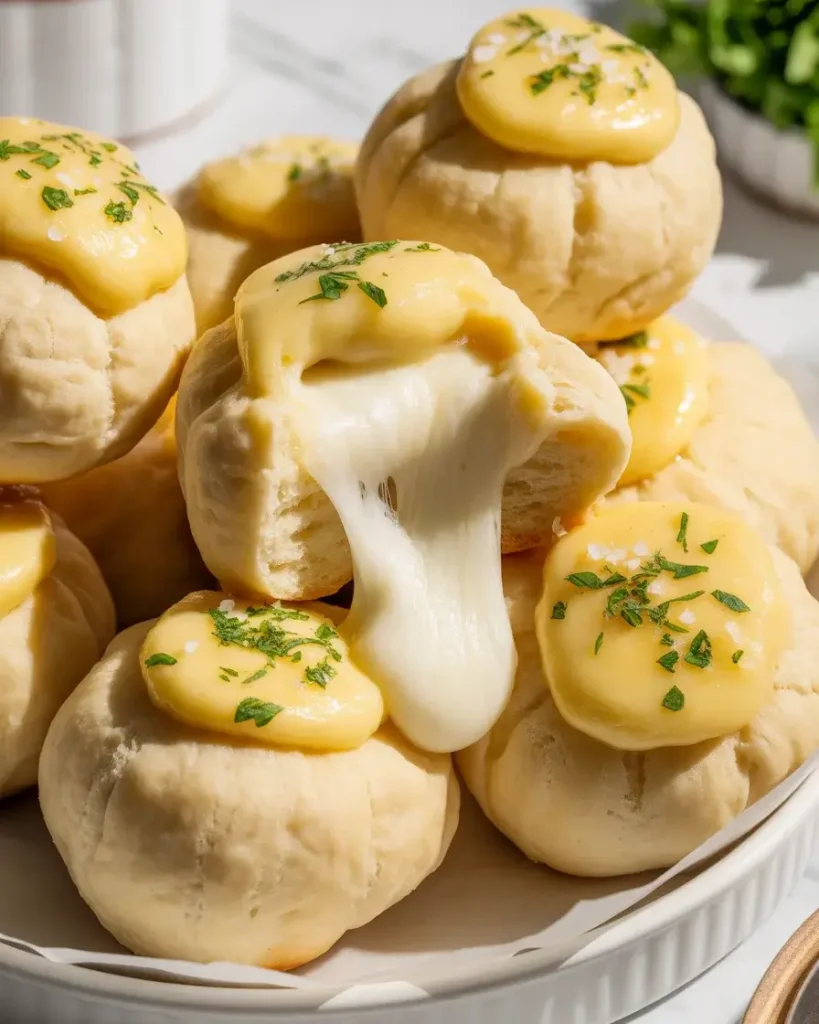 Finished biscuit bombs with stretchy molten mozzarella center and glossy garlic butter finish