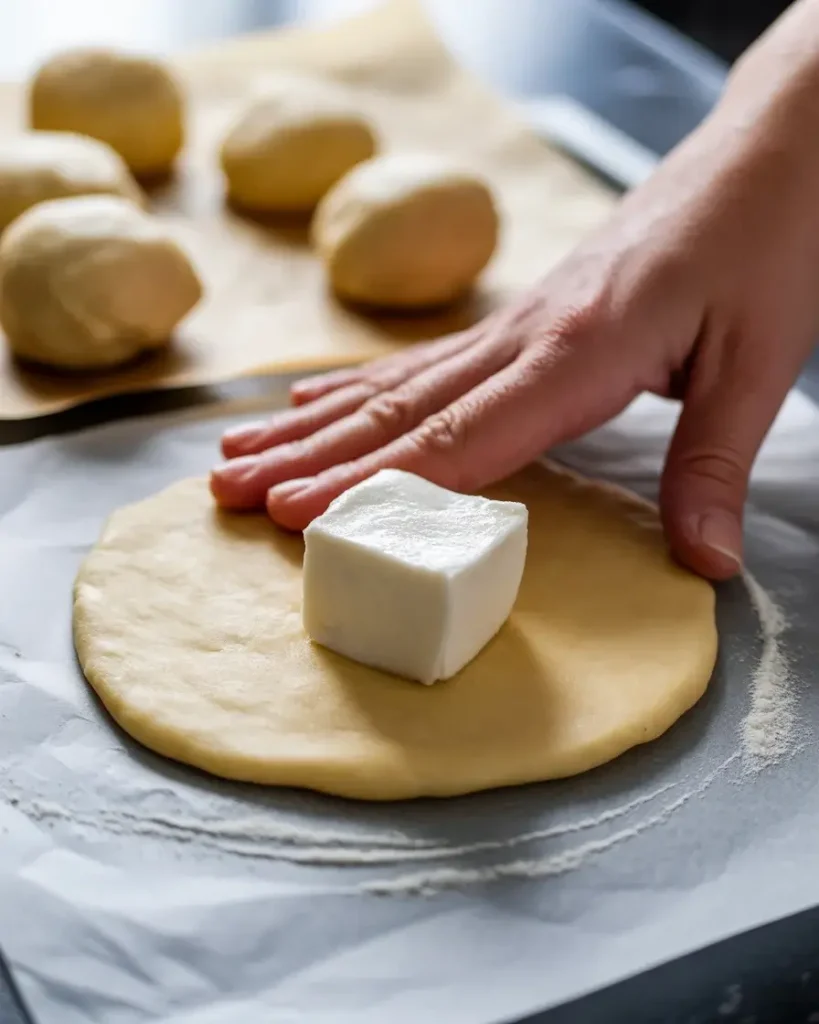 Flattening biscuit dough to 4 inches wide before placing mozzarella in the center