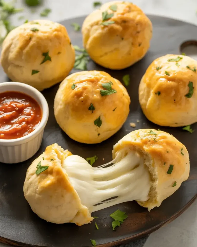 Gooey mozzarella biscuit bombs with stretchy cheese pull served with warm marinara dipping sauce