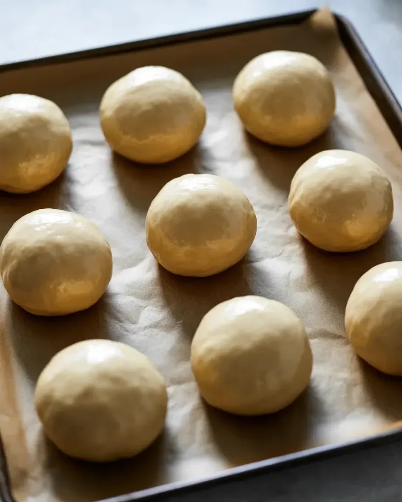 Sealed mozzarella bombs placed seam-side down with 2-inch spacing on parchmentSealed mozzarella bombs placed seam-side down with 2-inch spacing on parchment
