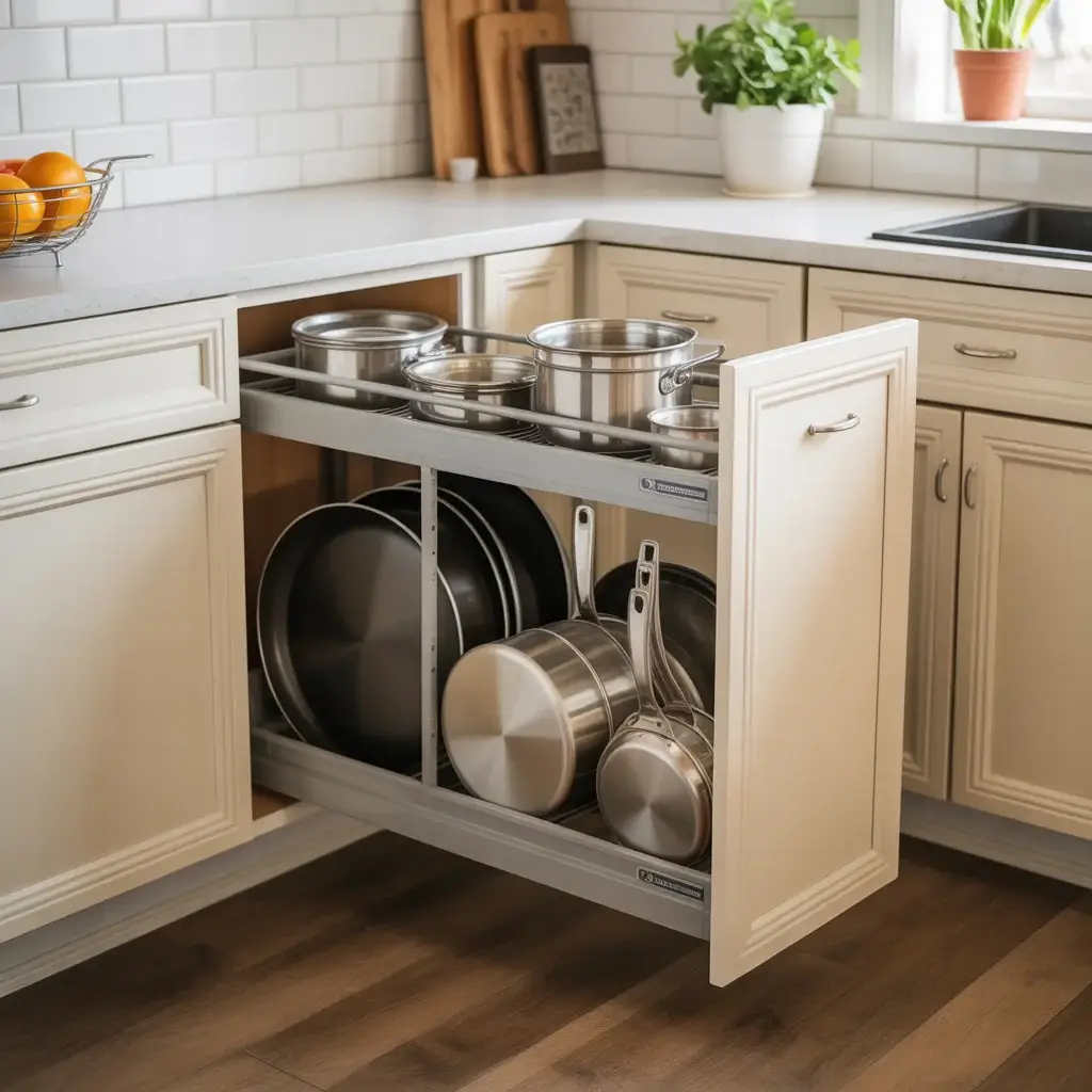 Organize Lower Cabinets with Pull Out Drawers and Lazy Susans