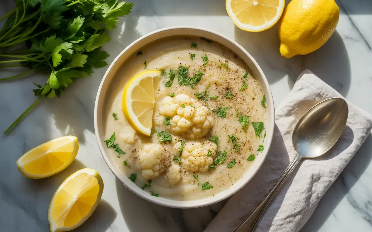 Mediterranean Cauliflower Soup with Lemon and Herbs