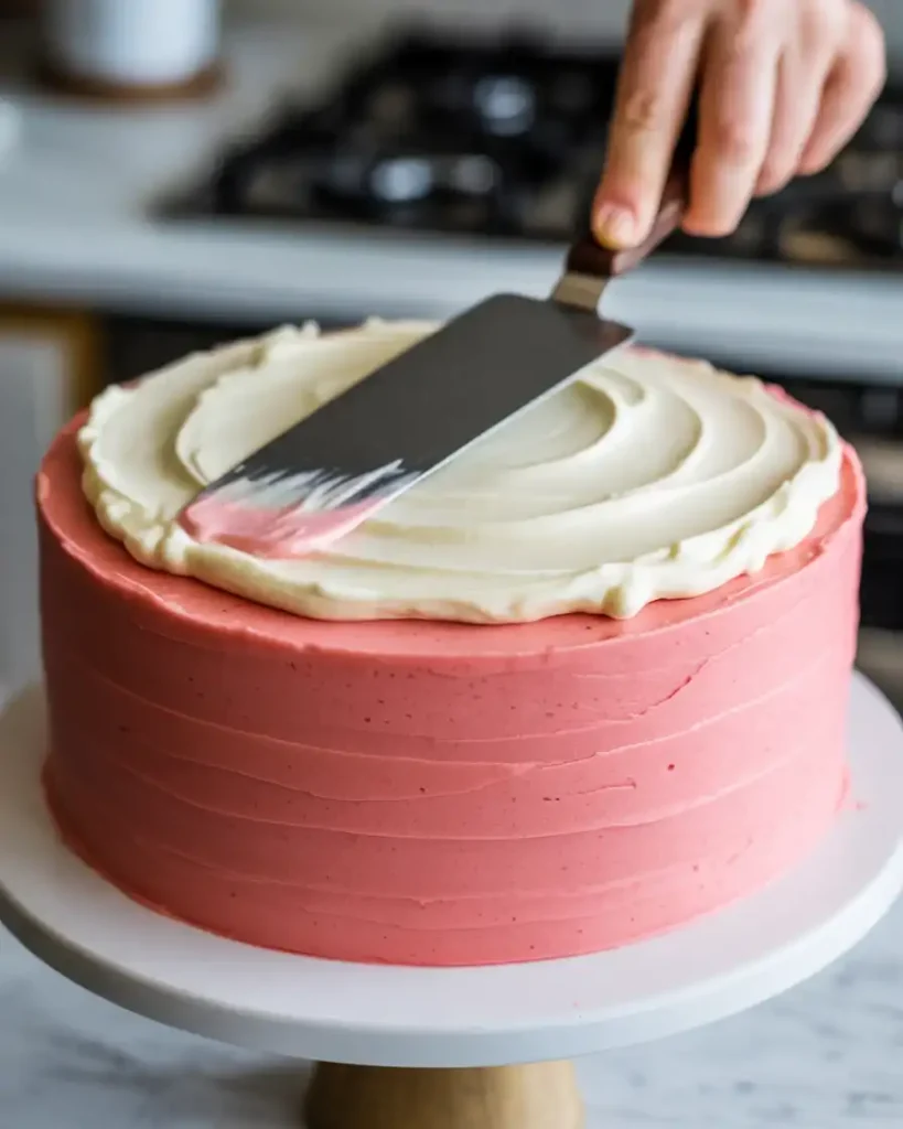 Assembling pink velvet cake with cream cheese frosting spread between layers