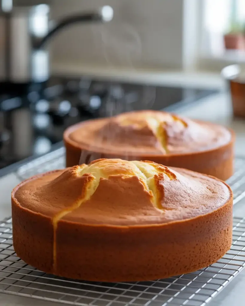 Baked cake layers should be golden brown with slightly domed top