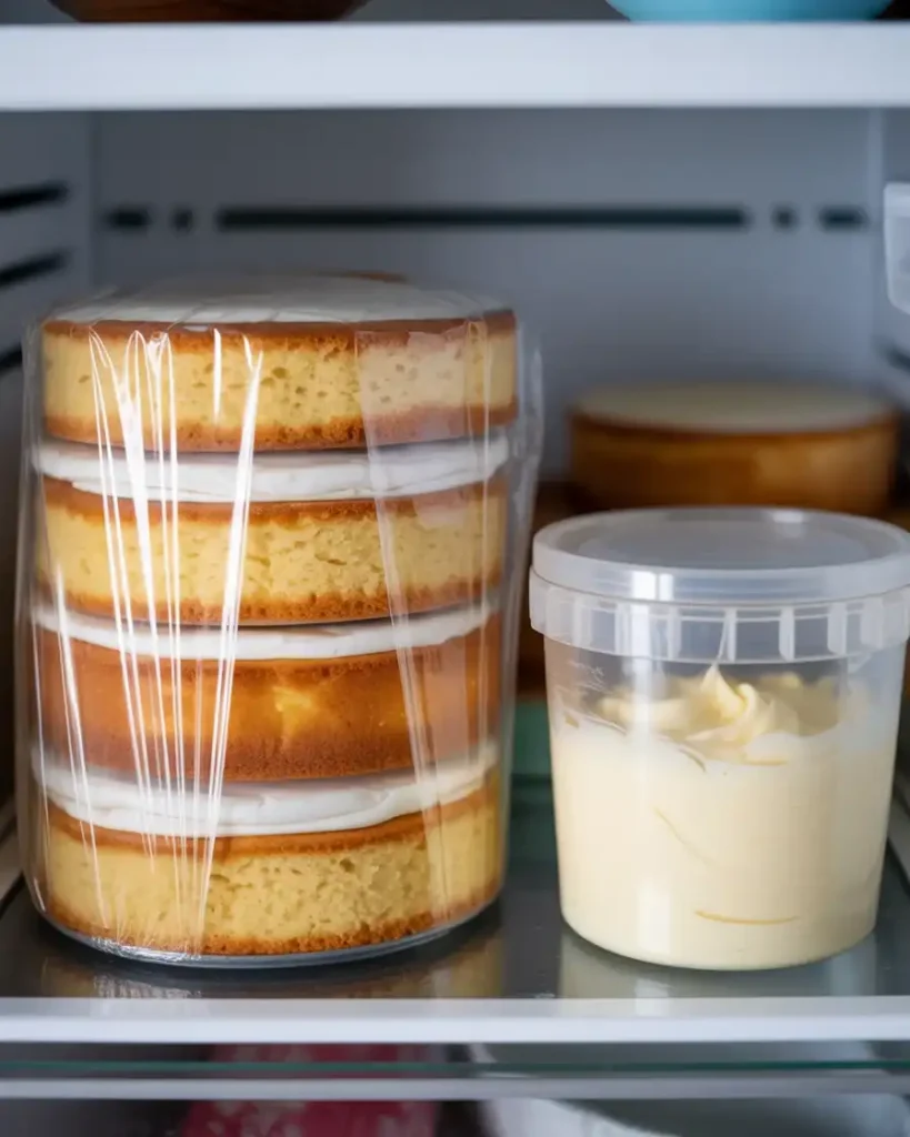 Cake layers and frosting stored separately for easy make-ahead assembly