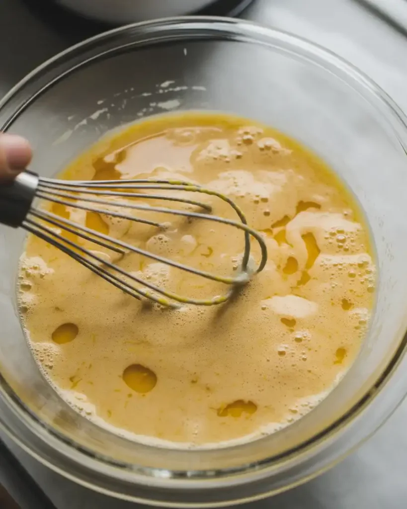 Wet ingredients whisked until foamy with bright orange zest throughout