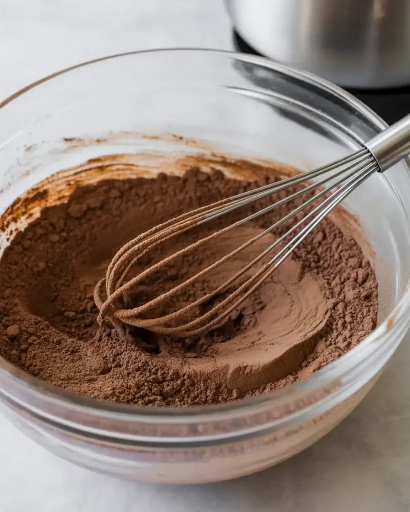 Dry ingredients whisked together with rich Dutch-process cocoa powder