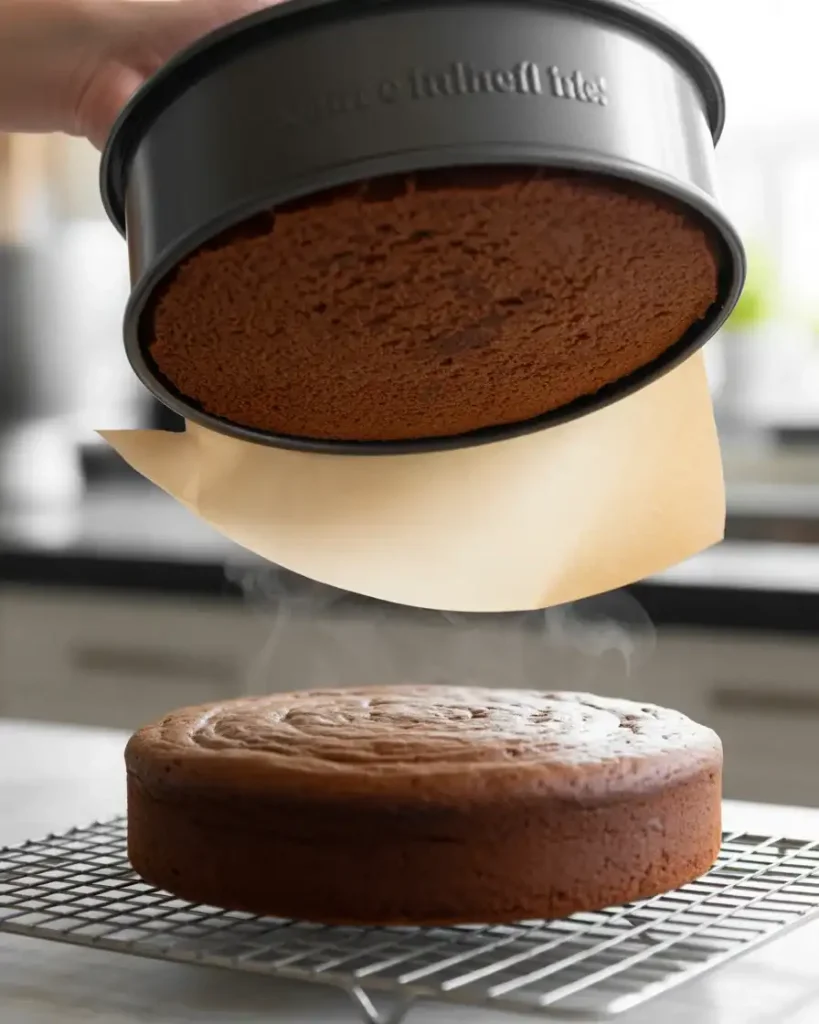 Cake releasing perfectly from pan with parchment paper peeling away cleanly