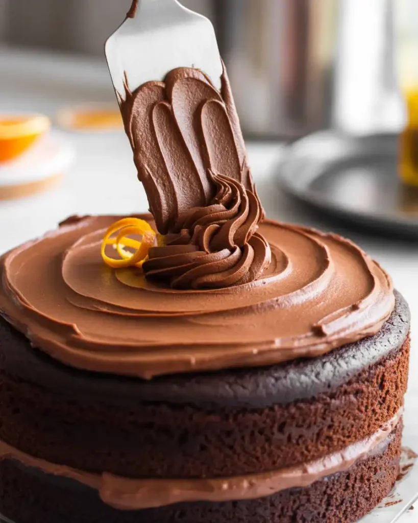 Assembled orange chocolate cake with rich chocolate frosting and citrus garnish