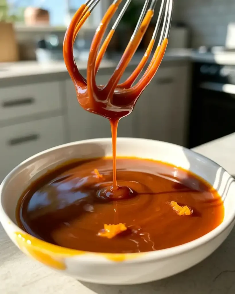 Sweet orange glaze with fresh zest ready to soak into warm cake