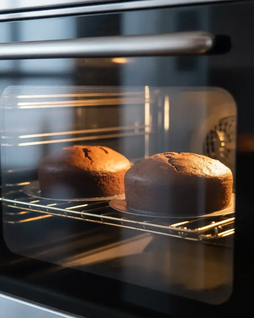 Chocolate-orange cakes baking with perfectly domed tops