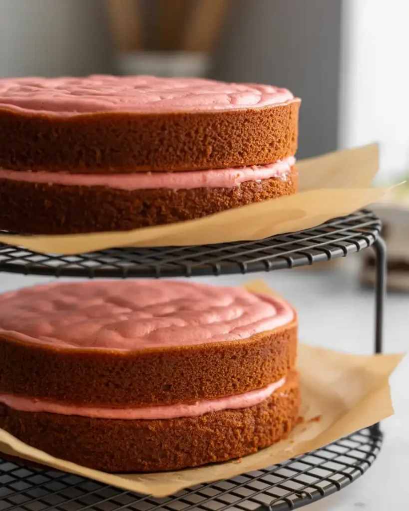 Cooled pink velvet layers showing tender, moist crumb and vibrant pink color throughout