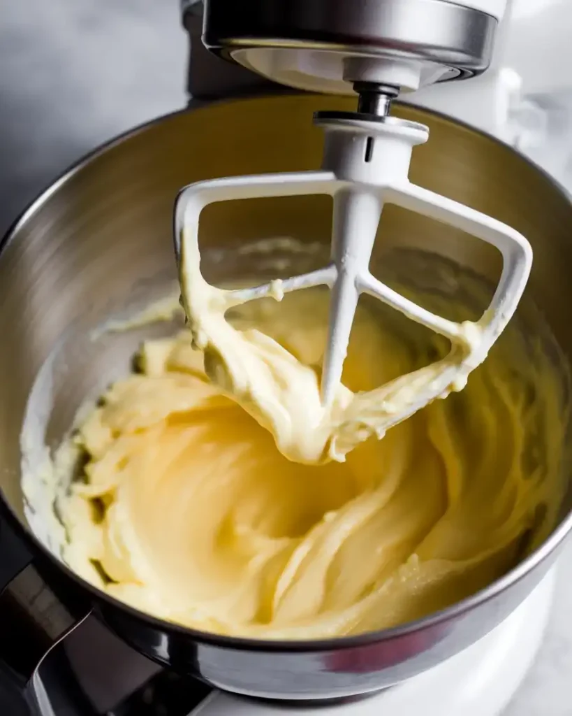 Cream cheese and butter beaten until smooth and fluffy before adding powdered sugar