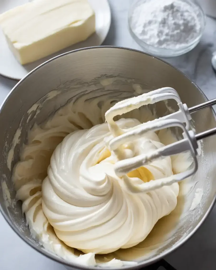 Creamy pineapple cream cheese frosting whipped to soft peaks