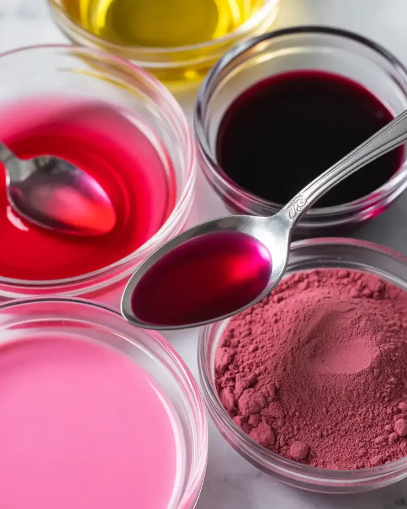 Different food coloring options for pink velvet cake showing gel, liquid, and natural alternatives