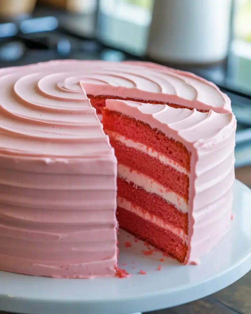 Finished pink velvet cake with smooth cream cheese frosting and a slice revealing pink layers
