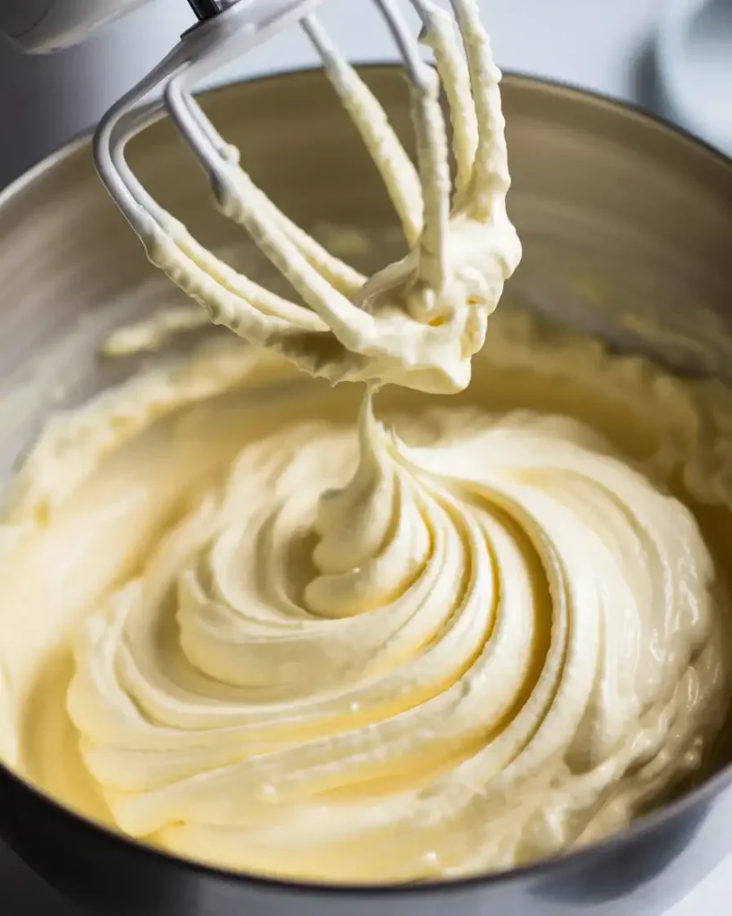 Fluffy cream cheese frosting beaten to stiff peaks with smooth, creamy texture