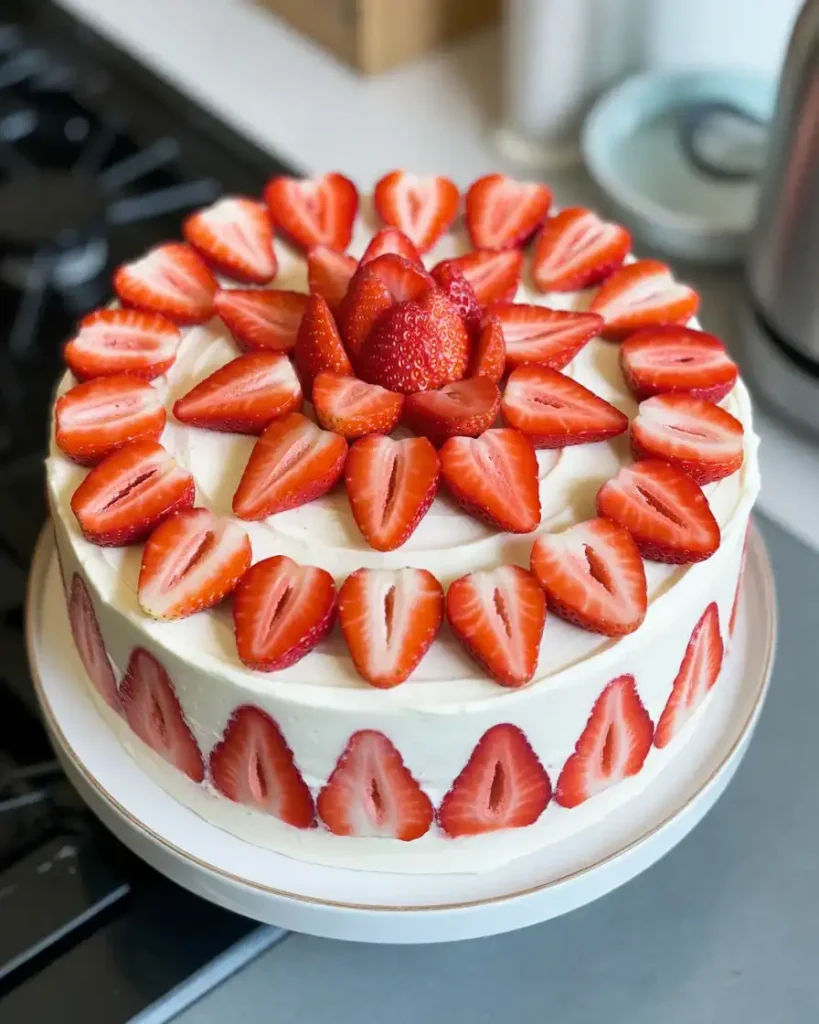 Fresh strawberries arranged beautifully on top of chilled cream cheese frosting