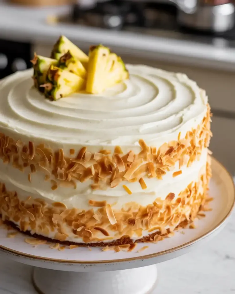 Frosted paradise cake decorated with toasted coconut and fresh pineapple