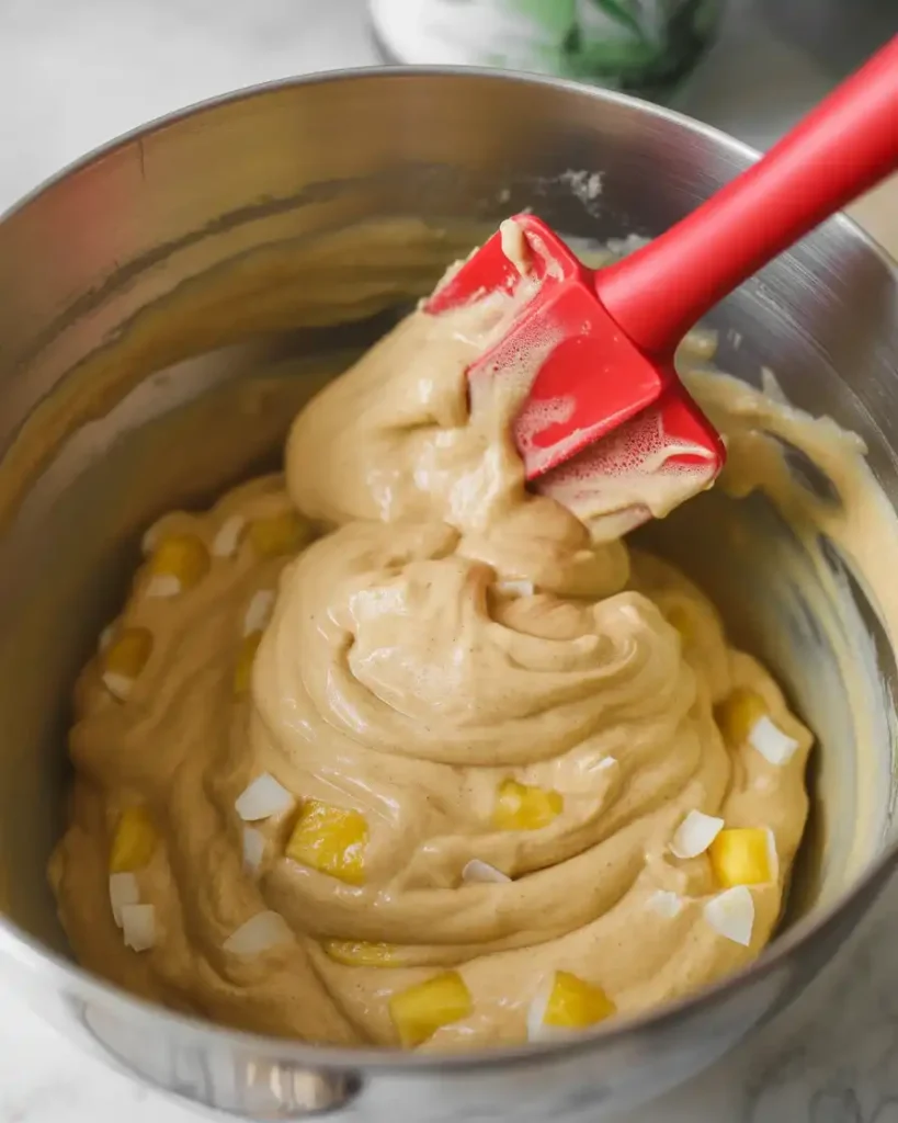  Gently folding wet and dry ingredients to keep cake tender and light