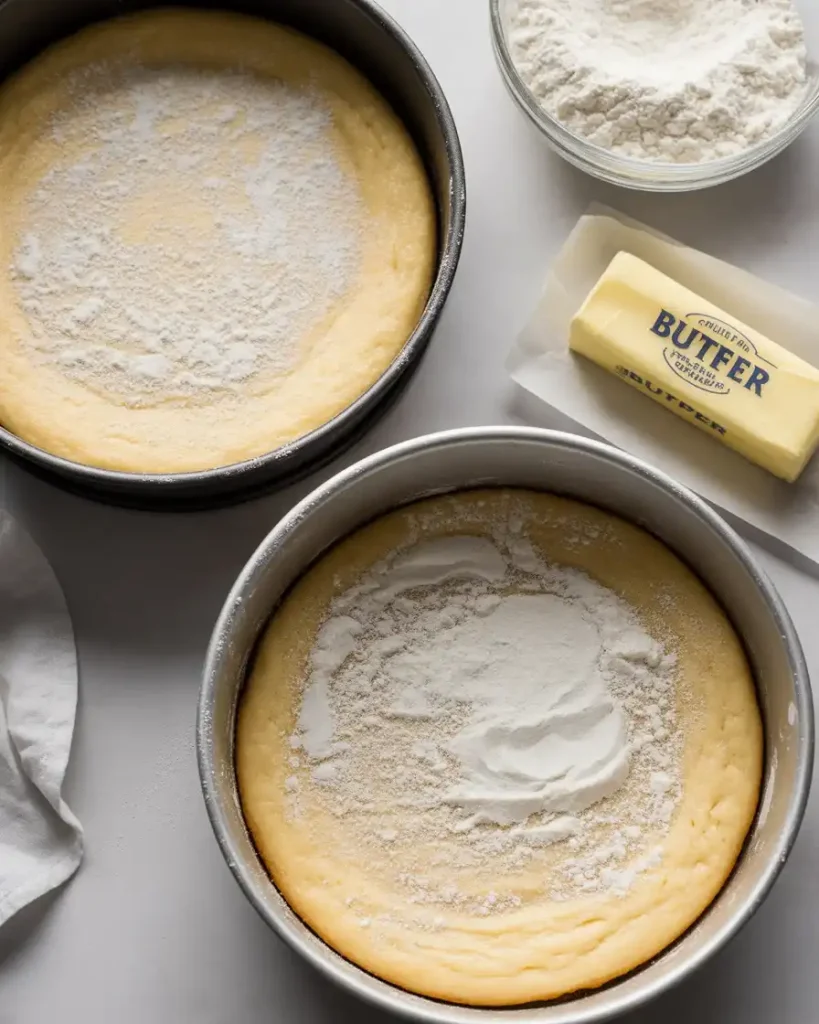 Greased and floured cake pans ready for tropical pineapple batter