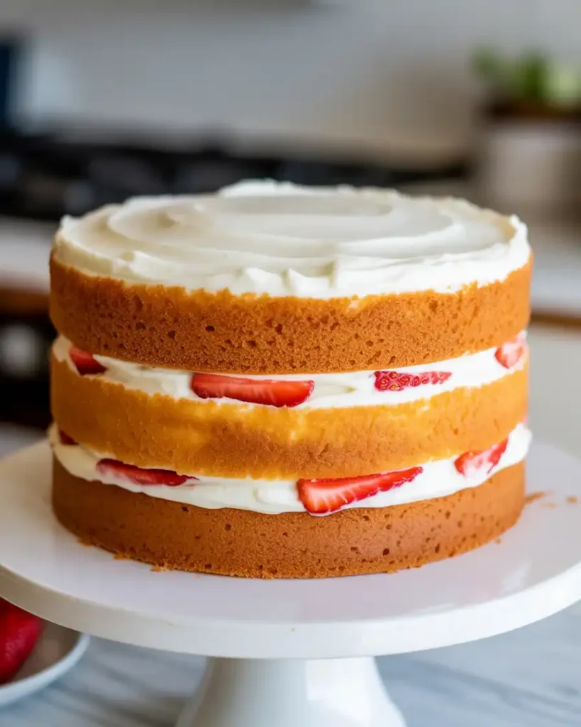 Layer cake with visible strawberry filling peeking through cream cheese frosting