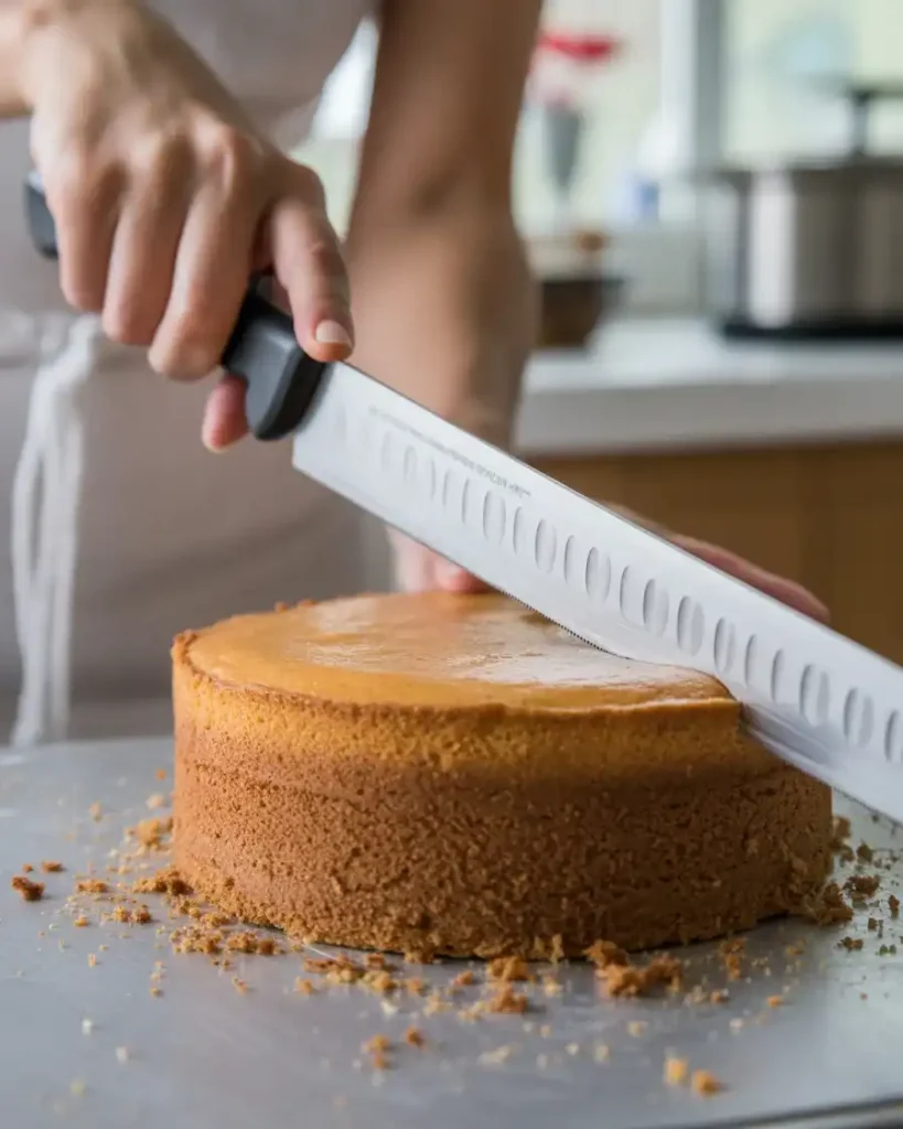 Level domed cakes with a serrated knife for professional-looking layers