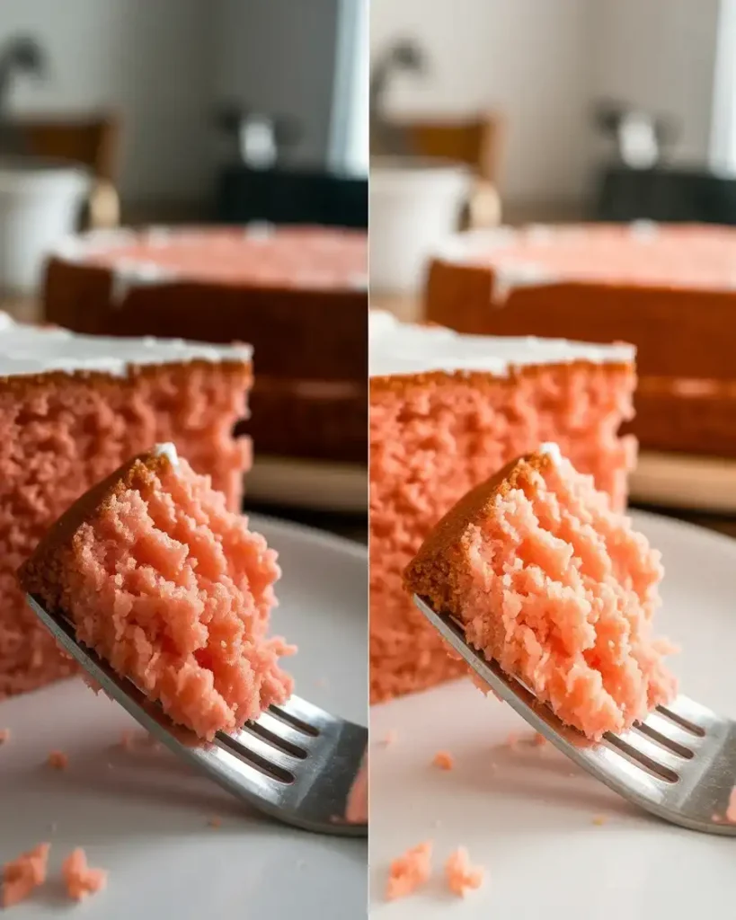 Moist pink velvet cake slice showing tender crumb and perfect texture