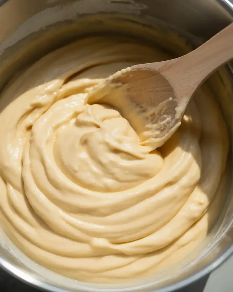 Perfectly mixed cake batter is thick, smooth, and free of flour streaks