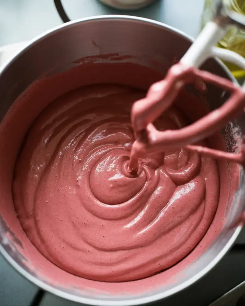 Smooth pink velvet batter mixed just until combined with no dry flour streaks visible