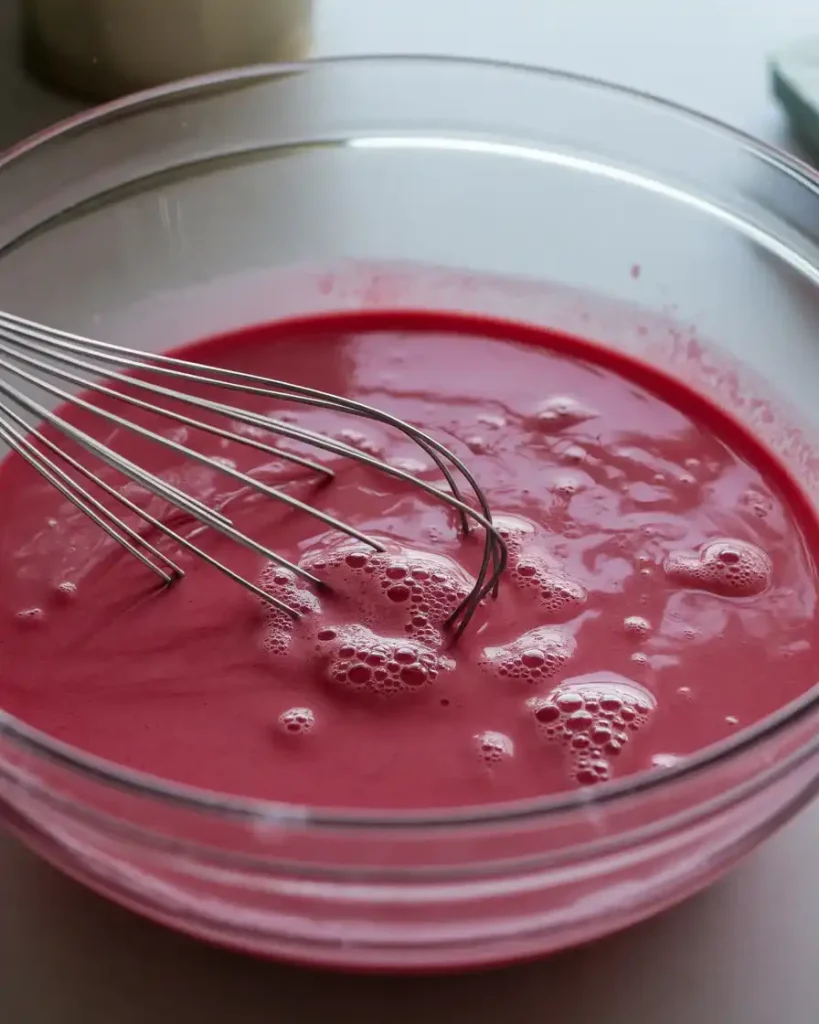 Vibrant pink wet ingredients whisked together until smooth and evenly colored