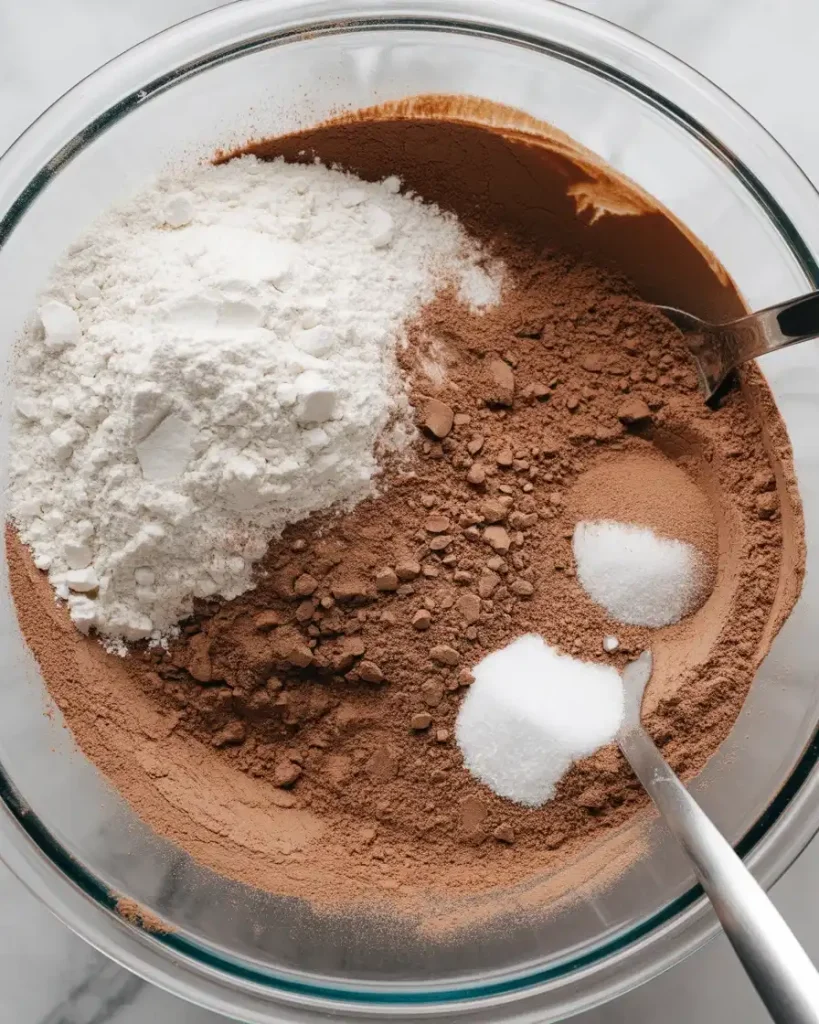 Whisked dry ingredients with cocoa powder evenly distributed throughout the flour mixture