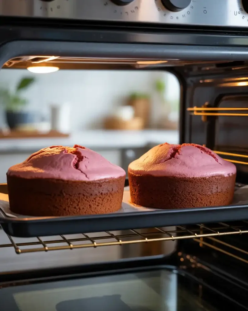 Pink velvet cakes baking with domed tops and rich color developing in the oven