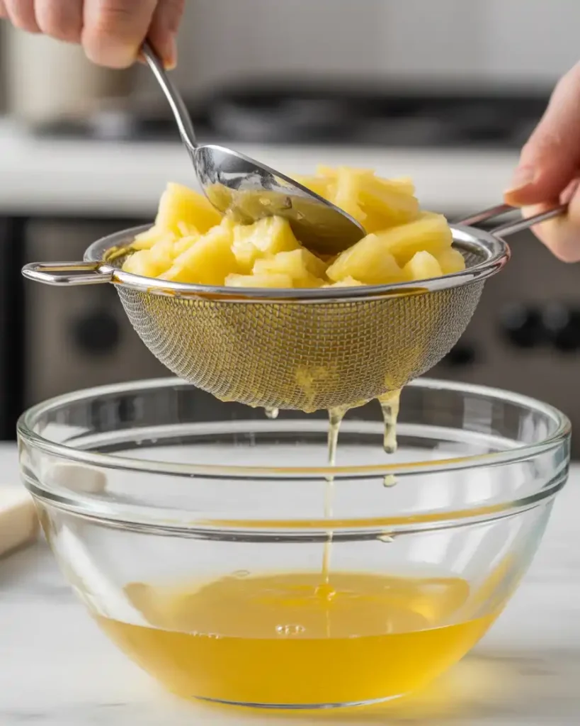 Pressing pineapple to remove excess juice prevents soggy cake texture