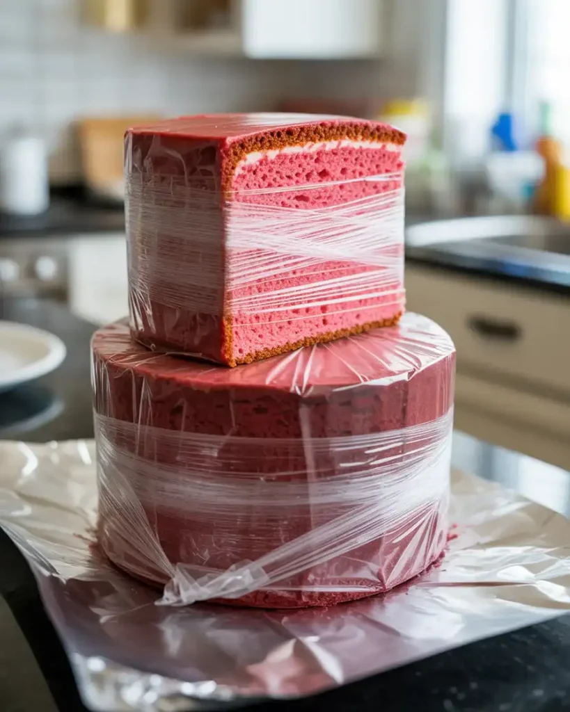 Properly wrapped pink velvet cake layers ready for storage or freezing