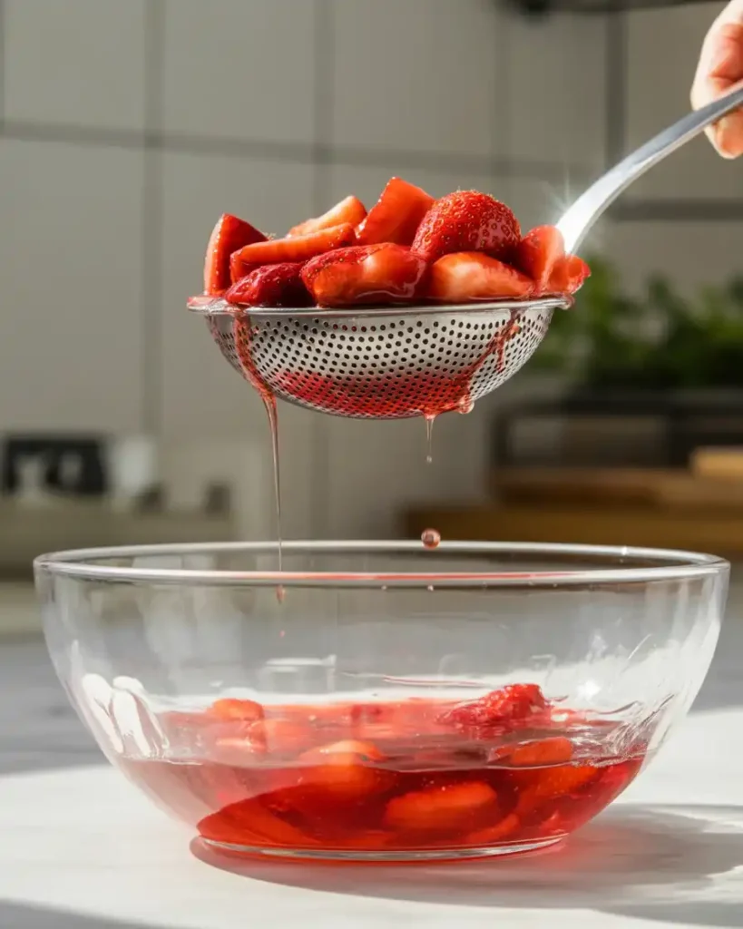 Use a slotted spoon to drain excess liquid from macerated strawberries