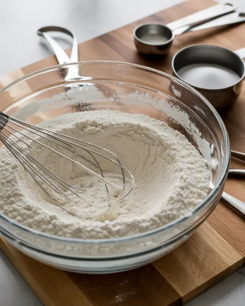 Whisked dry ingredients creating the foundation for moist pineapple cake