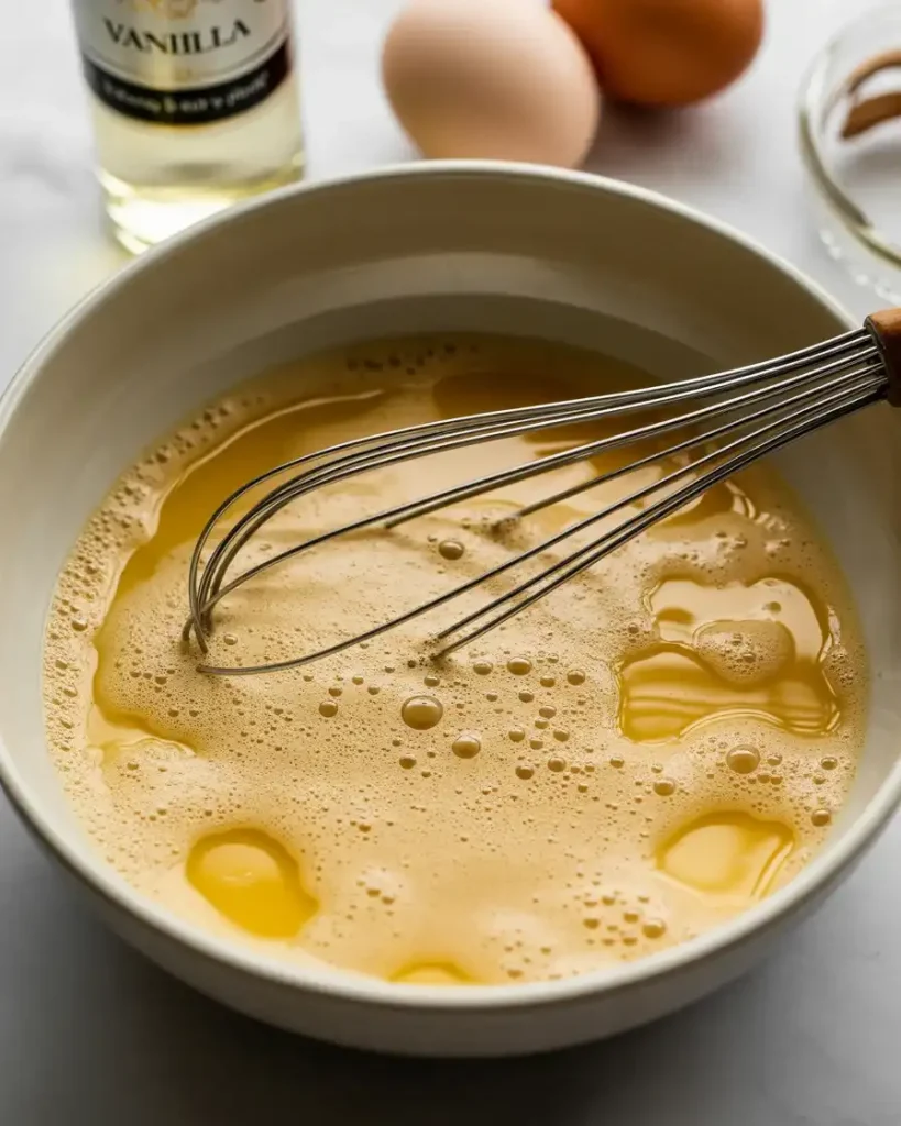 Whisked eggs, oil, and buttermilk ready to create tender cake texture