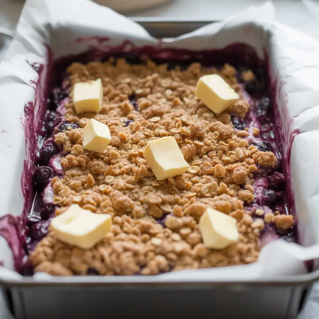 Assembled bars ready for baking with crumbly oat topping over berry filling